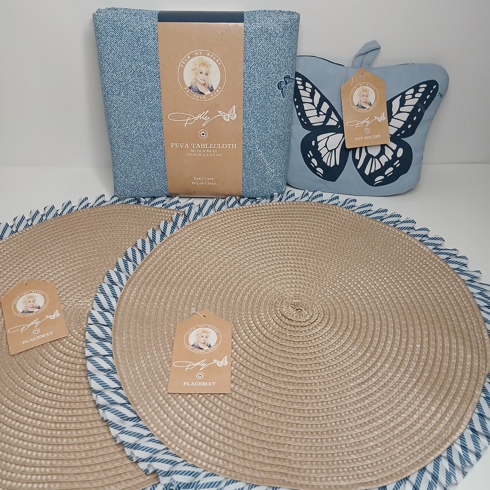 Dolly Parton 4pc Kitchen Set Denim PEVA Tablecloth Pot Holder 2 Woven Placemats